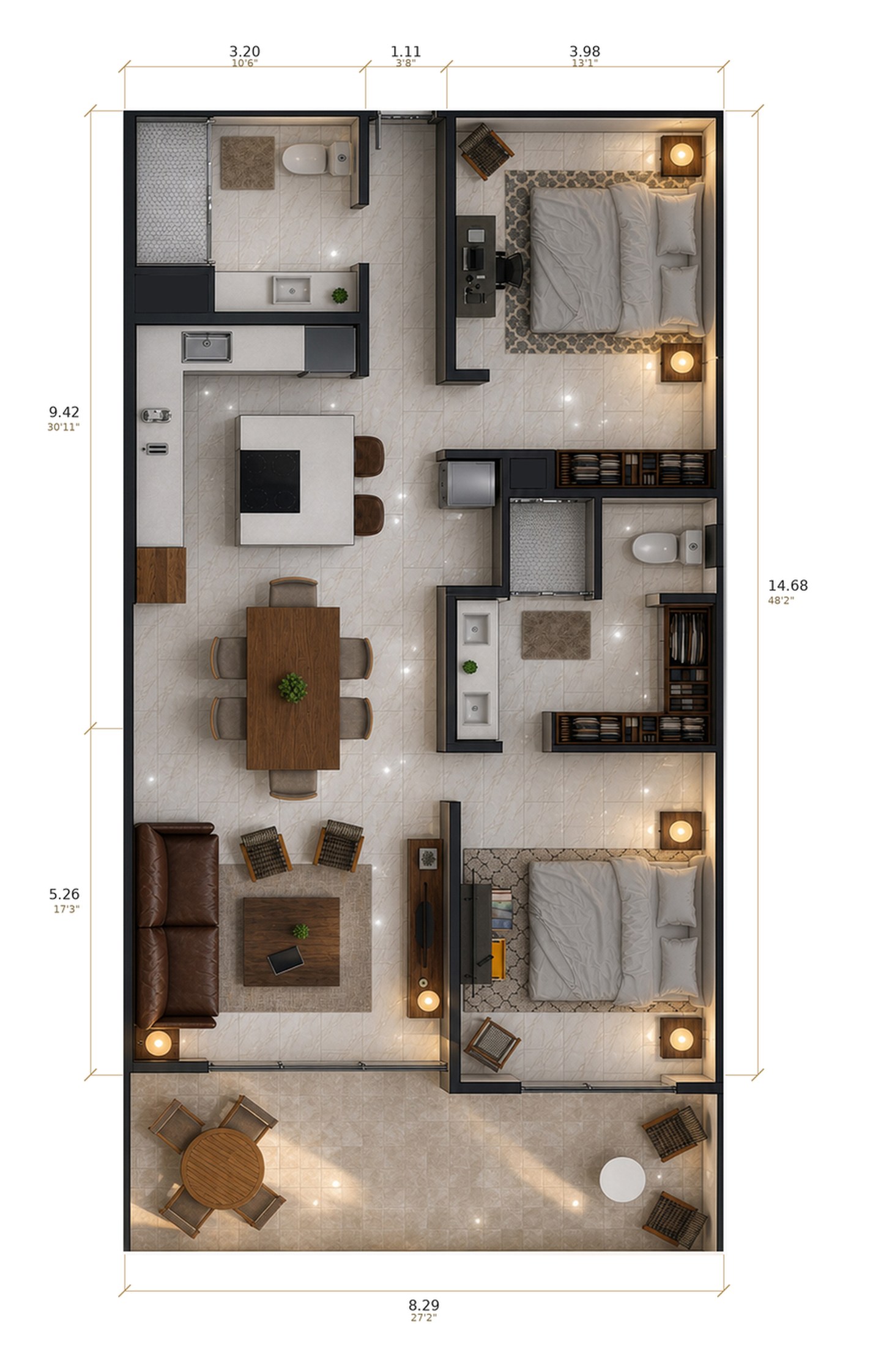 Floor plan of Residence 204 at Montemar: two bedrooms, two baths, kitchen, living and dining, and a full-width private terrace