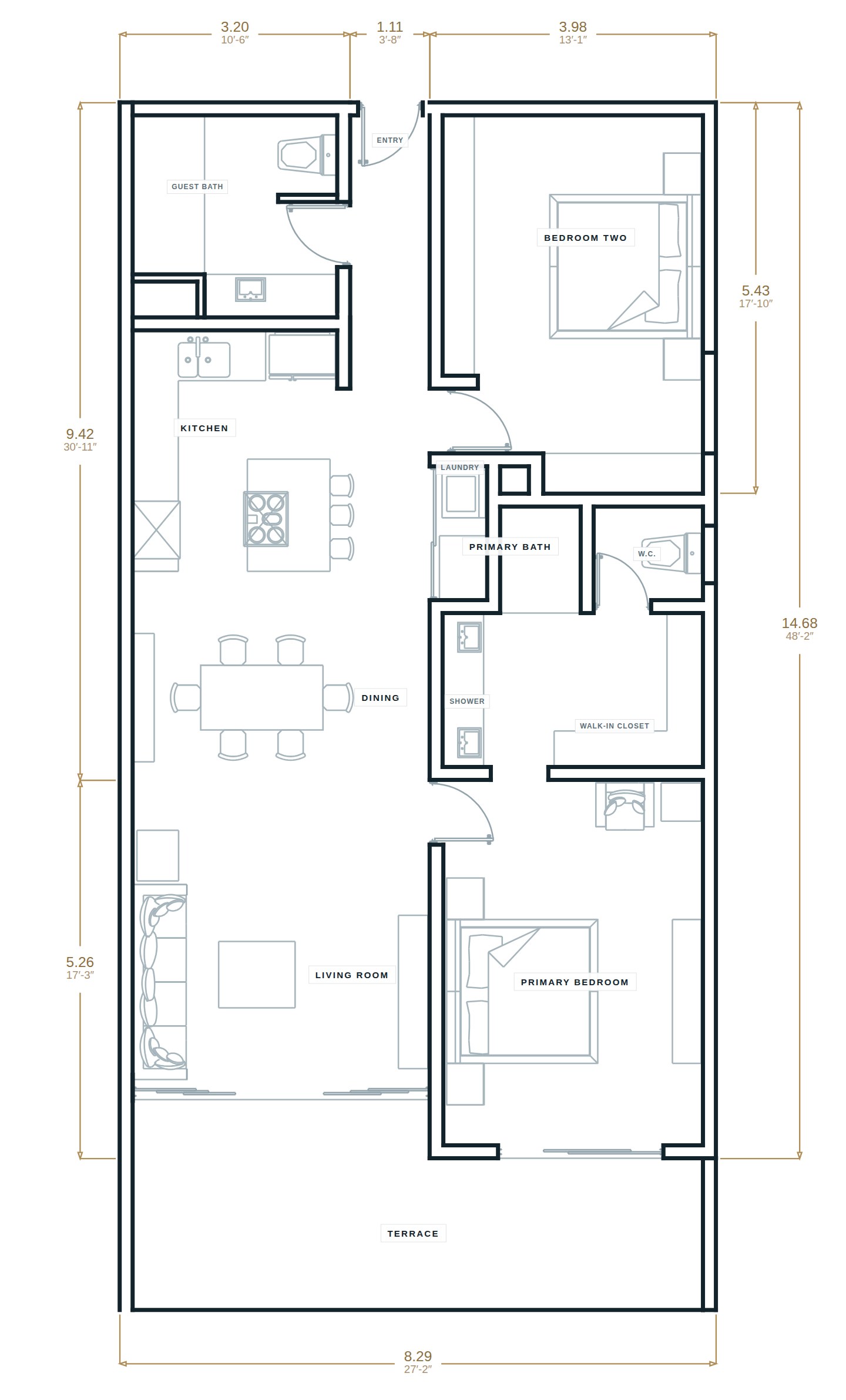 Floor plan of Residence 204 at Montemar: two bedrooms, two baths, kitchen, living and dining, and a full-width private terrace