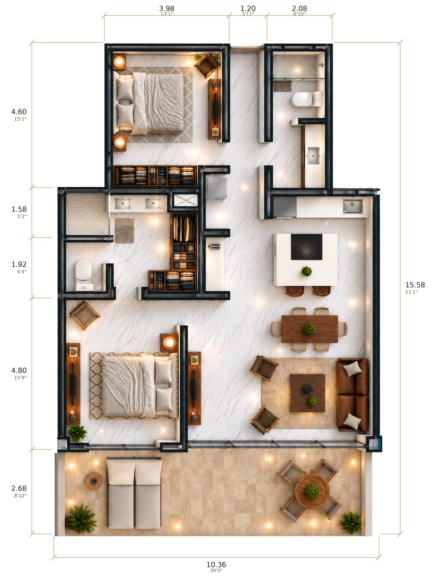 Floor plan of Residence 403 at Montemar: two bedrooms, two baths, kitchen, living and dining, and a full-width private terrace