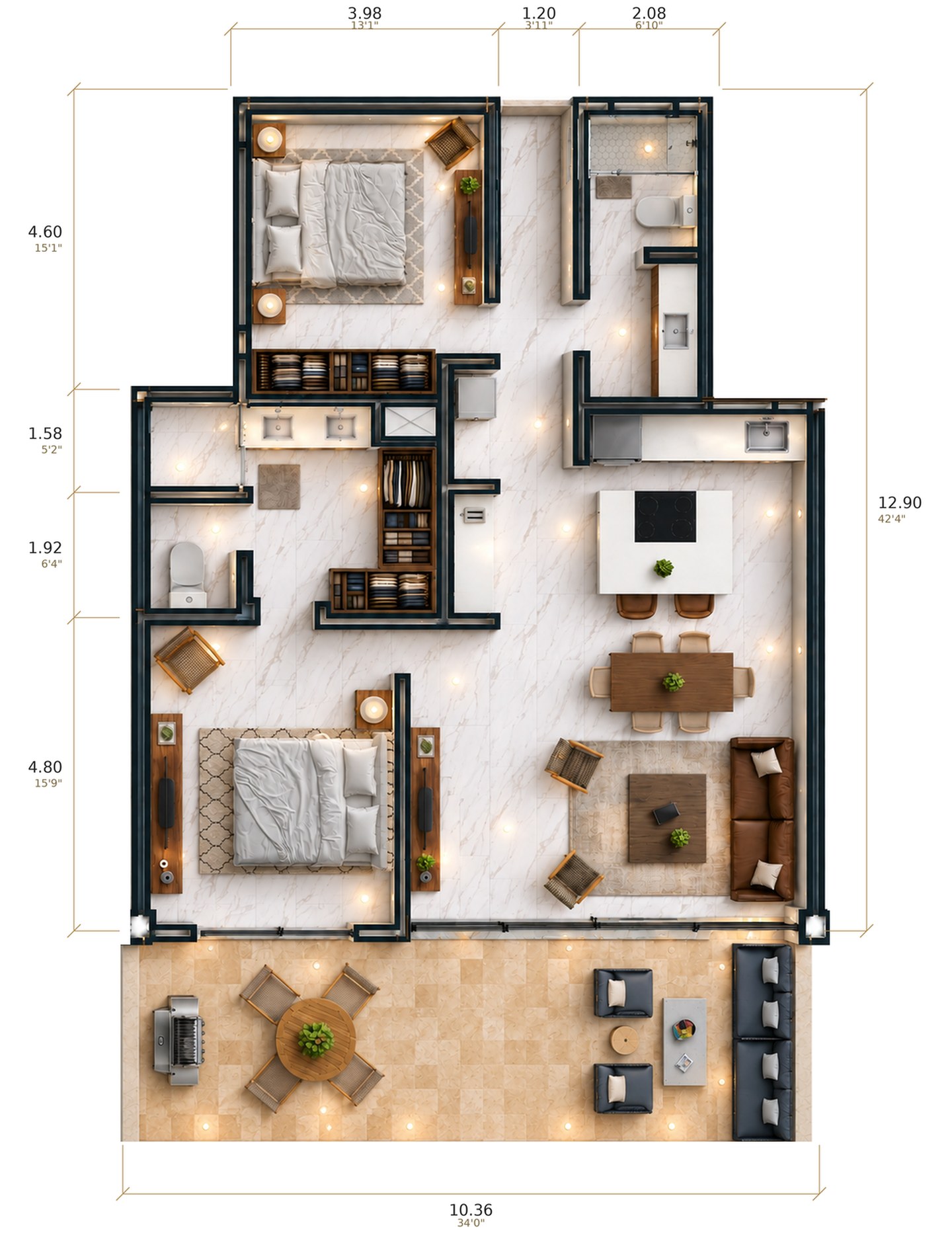 Floor plan of Residence 503 at Montemar: two bedrooms, two baths, kitchen, living and dining, and a full-width private terrace
