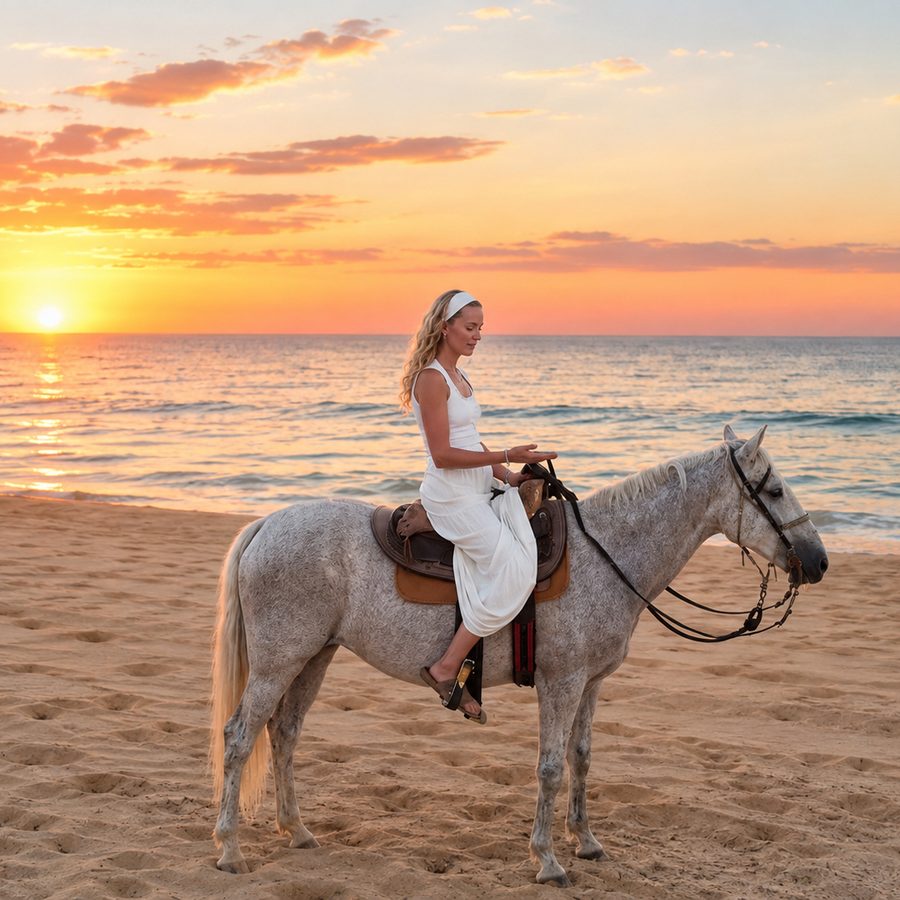 Beach horseback riding at sunset near Cabo San Lucas