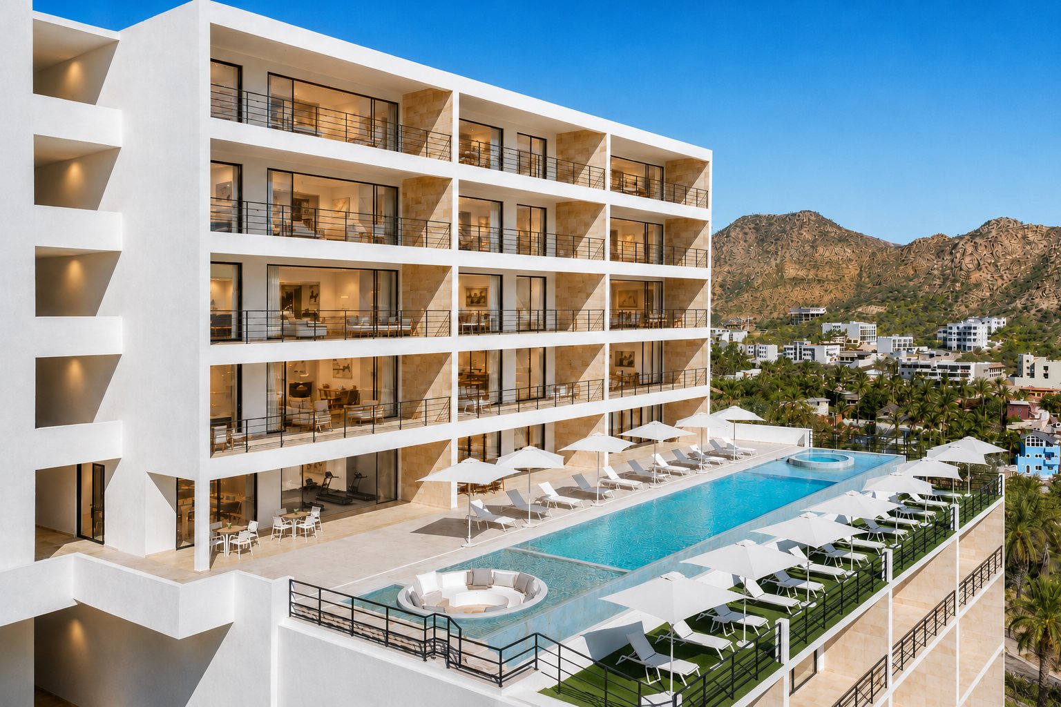 Montemar residences and pool deck at golden hour